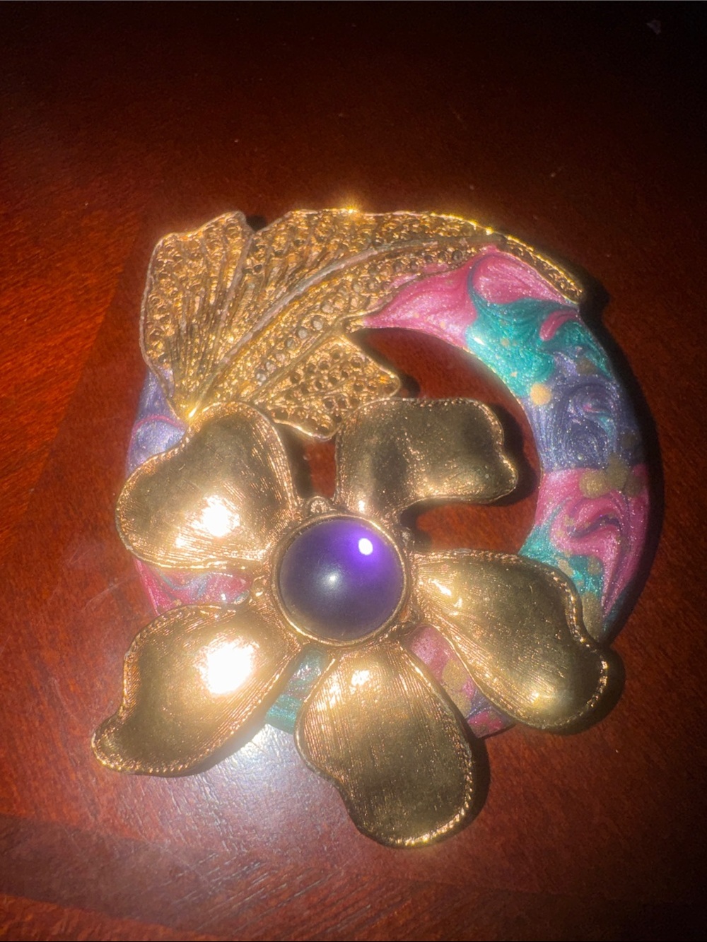 Gold Floral Enamel Brooch with Purple Cabochon